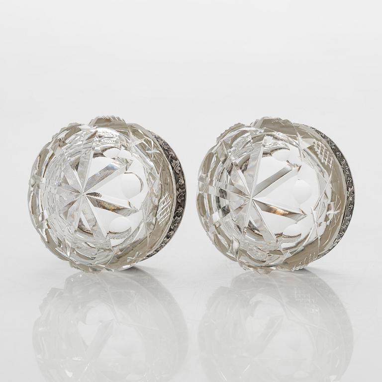 A set of six Estonian glass and silver salt cellars, maker's mark of Hirsch Markowitsch, Tallinn 1922-39.