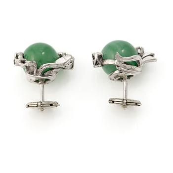 A pair of 18K white gold earrings with green quartz and rose-cut diamonds.