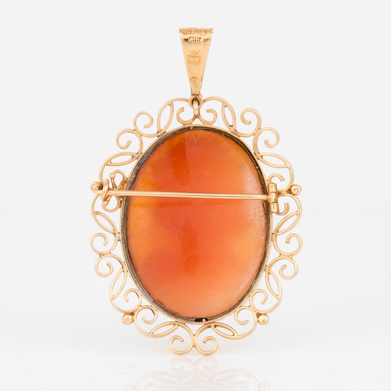 HÄNGE/BROSCH, 18K guld med snäckskalcamé, Stockholm 1948. Total vikt 8,73 g.