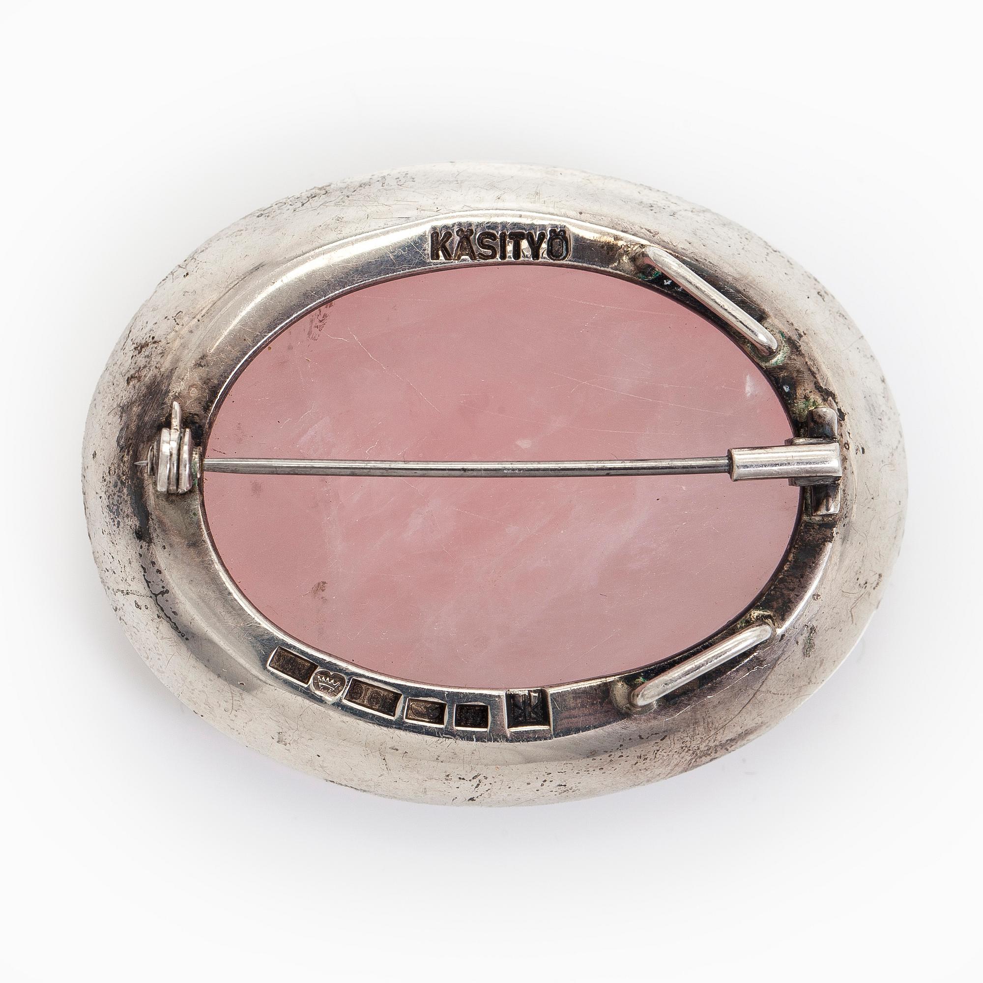 Pendant / brooch, cabochon cut rose quartz, silver, Kaunis Koru, Helsinki 1961.