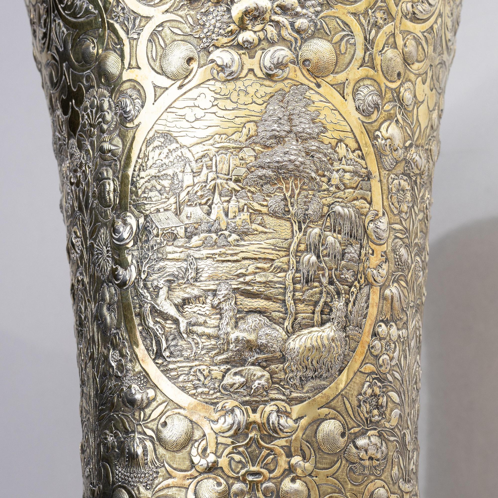 A partially gilded silver chalice, historicism, 19th century, baroque style, fantasy marks.