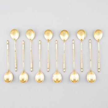 Twelve gilt silver teaspoons, marks of Nikolai Alekseev, Moscow 1886.