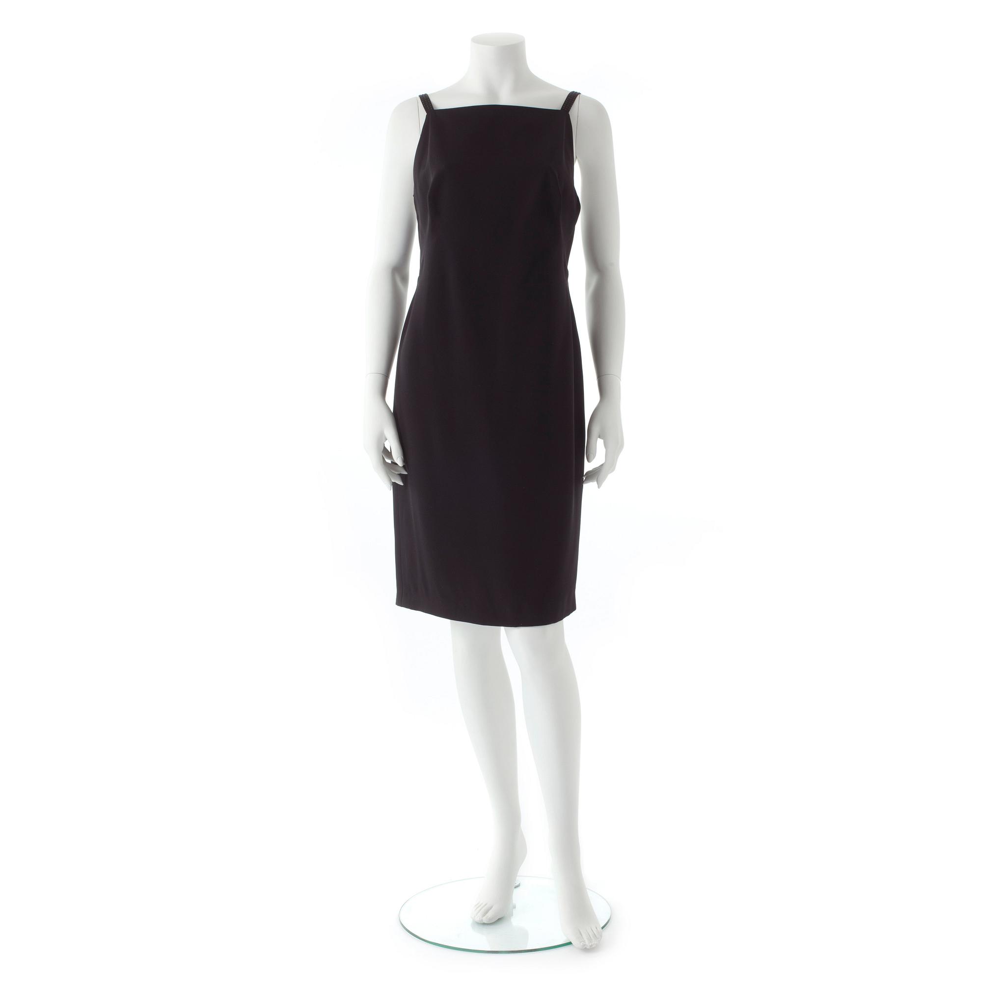 ESCADA, a black cocktail dress with rhinestones.