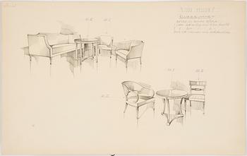 MÖBELRITNINGAR, 10 stycken, blyerts, Odd Fellow huset Stockholm 1920-tal.