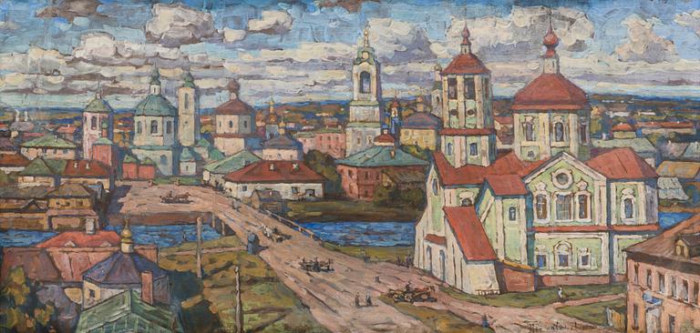 Piotr Ivanovich Petrovichev, VIEW OF TOROPETS. Signed indistinctly. Tempera on board. 46x95 cm.
