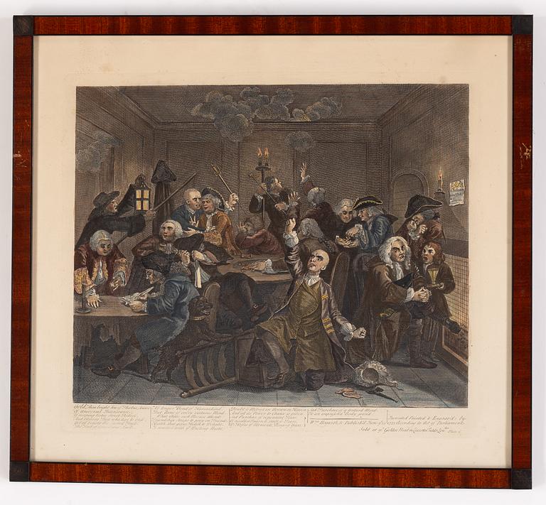 William Hogarth, efter, åtta stycken kolorerade etsningar och gravyrer.