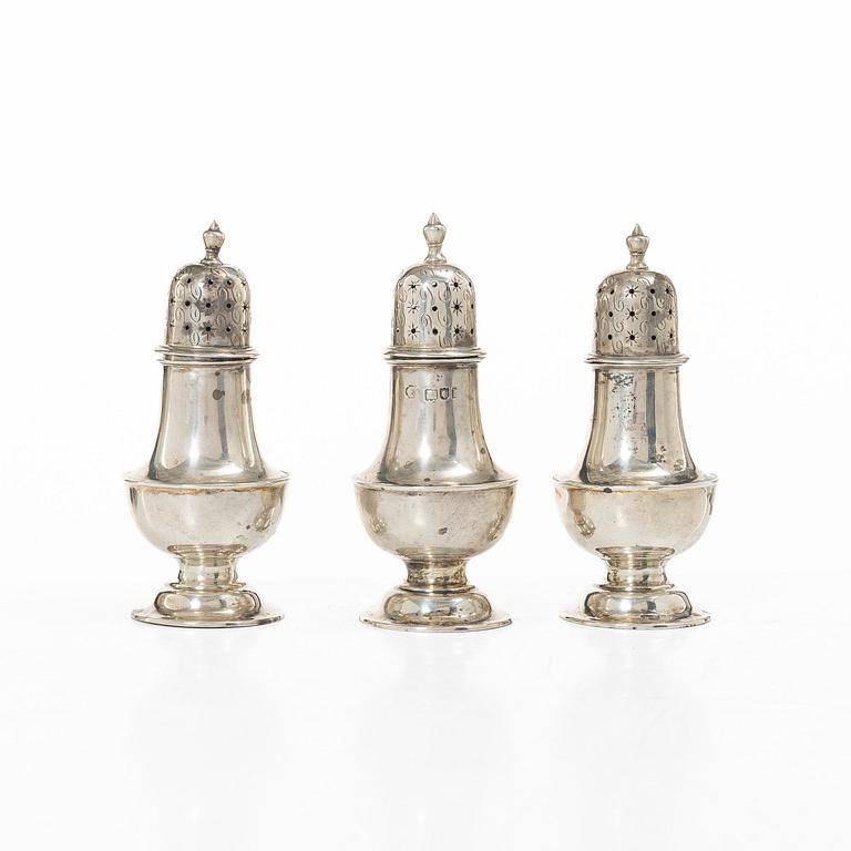 Three silver shakers by William Hutton & sons Ltd, London, England, 1903.