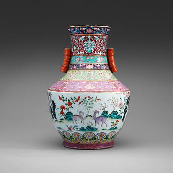 55. A large famille rose vase, Qing dynasty, with Qianlong sealmark.