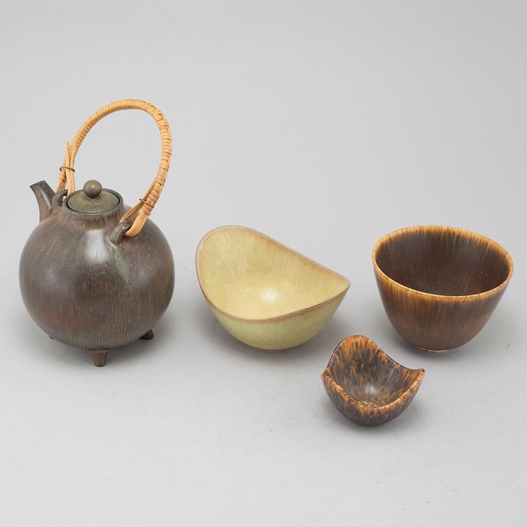 a stoneware teapot and three bowls for Rörstrand.