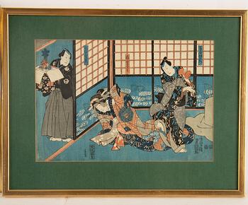 Utagawa Kunisada, färgträsnitt, tre stycken, Japan.