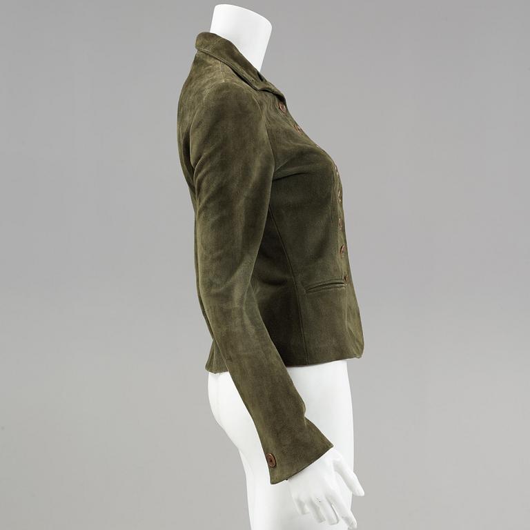 A dark green suede jacket by ralph lauren.