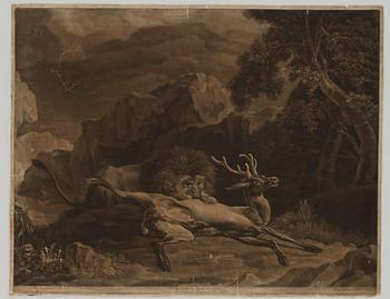 1700-tal Parti gravyrer, "The lion and stag" (efter G Stubbs); "Samson at the prison gate" (efter A Kaufmann).