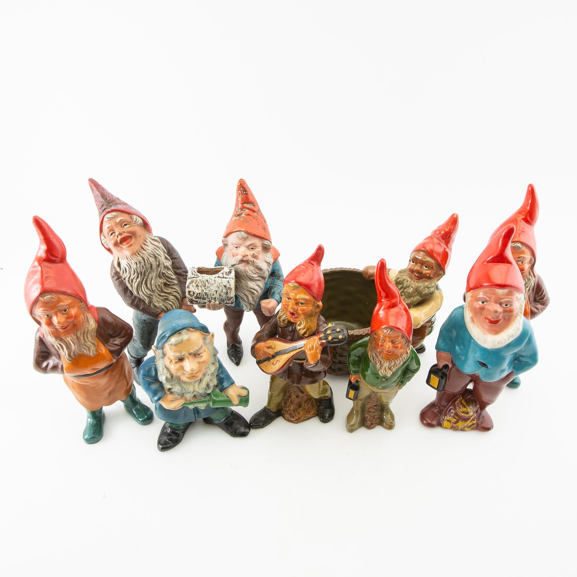 Gnomes 9 pcs mostly Germany mid/second half of the 20th century painted terracotta.