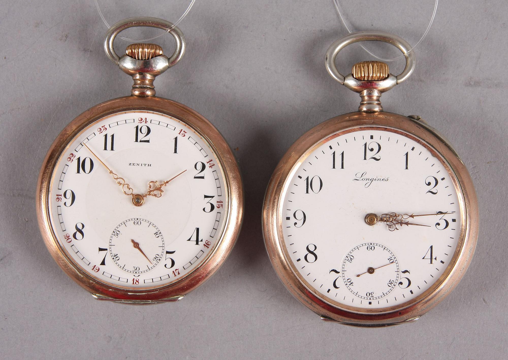 FICKUR, 2 st, Longines resp Zenith, vitmetall, 1900-tal.