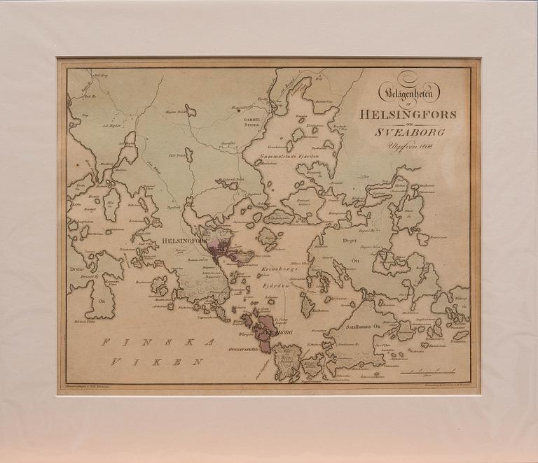 KARTA, Belägenheten af Helsingfors och Sveaborg, utgifen 1808.