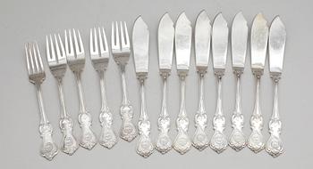 FISKBESTICK, 12 delar, nysilver, "Olga", Hallbergs, 1900-tal.