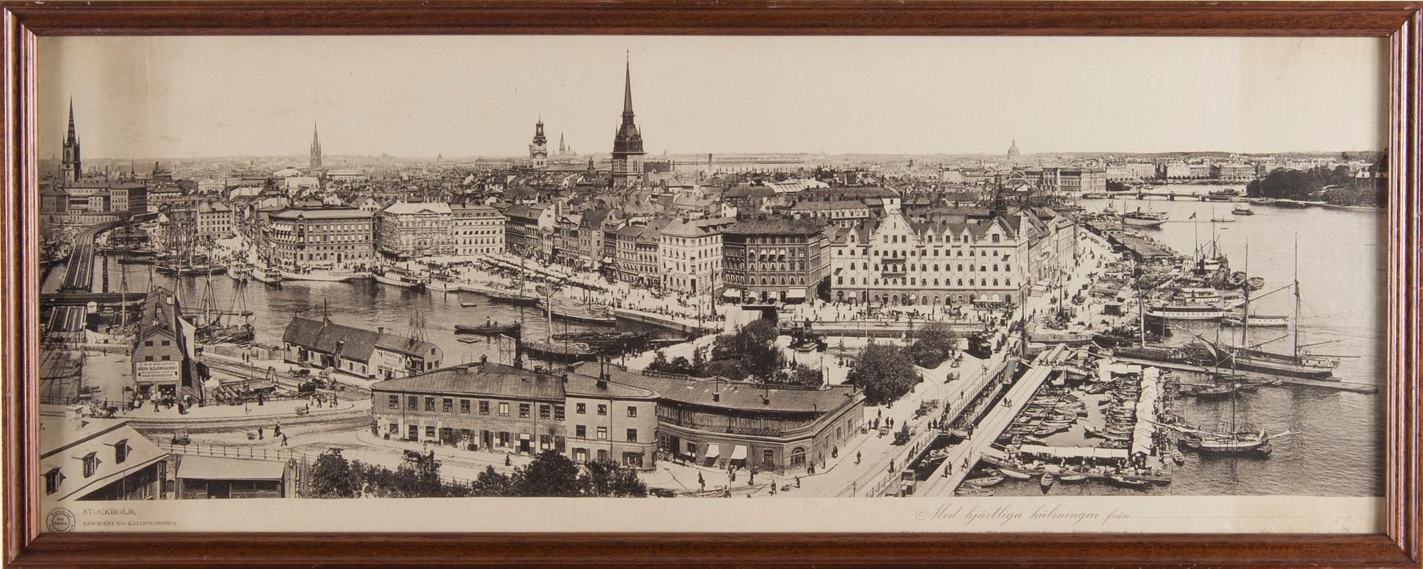 TRYCKBILD, Panoramavy av Stockholm från Katarinahissen. Sekelskiftet 1800/1900.