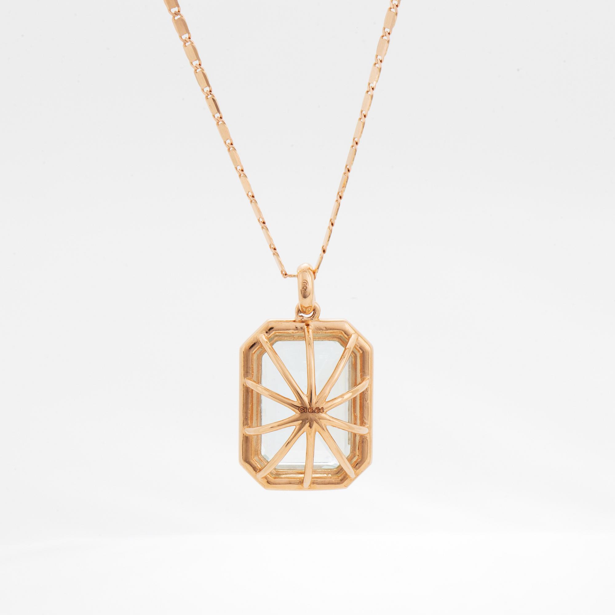 Emerald-cut aquamarine and brilliant-cut diamond necklace.