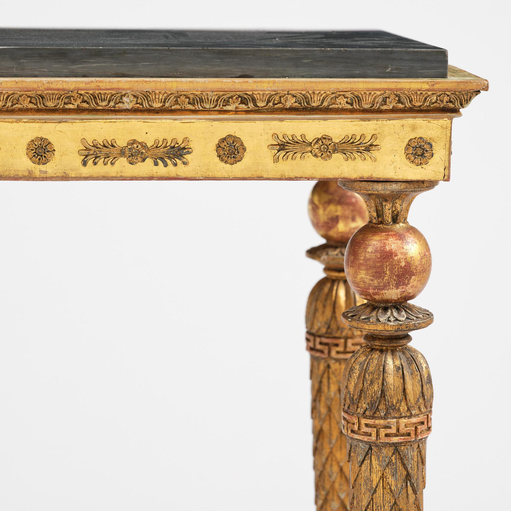 A late Gustavian giltwood console table in the manner of Jonas Frisk, Stockholm, circa 1800.