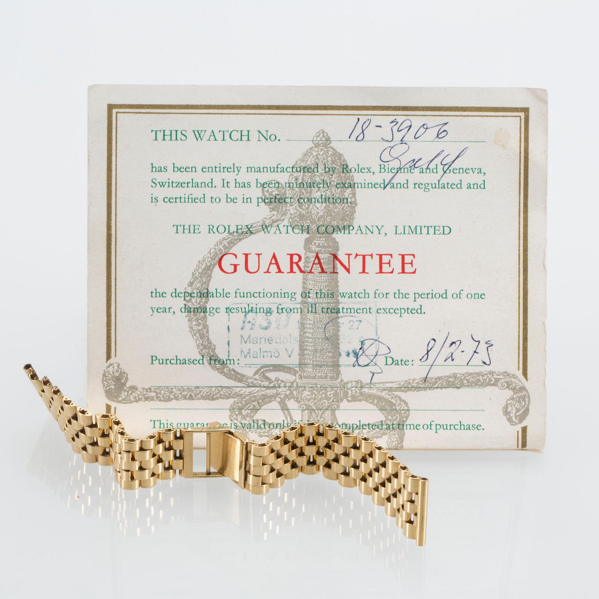 ARMBANDSUR, 18 K guld, Rolex Cellini, ca 1970-tal. Guldlänk medföljer. Vikt ca 34 g.
