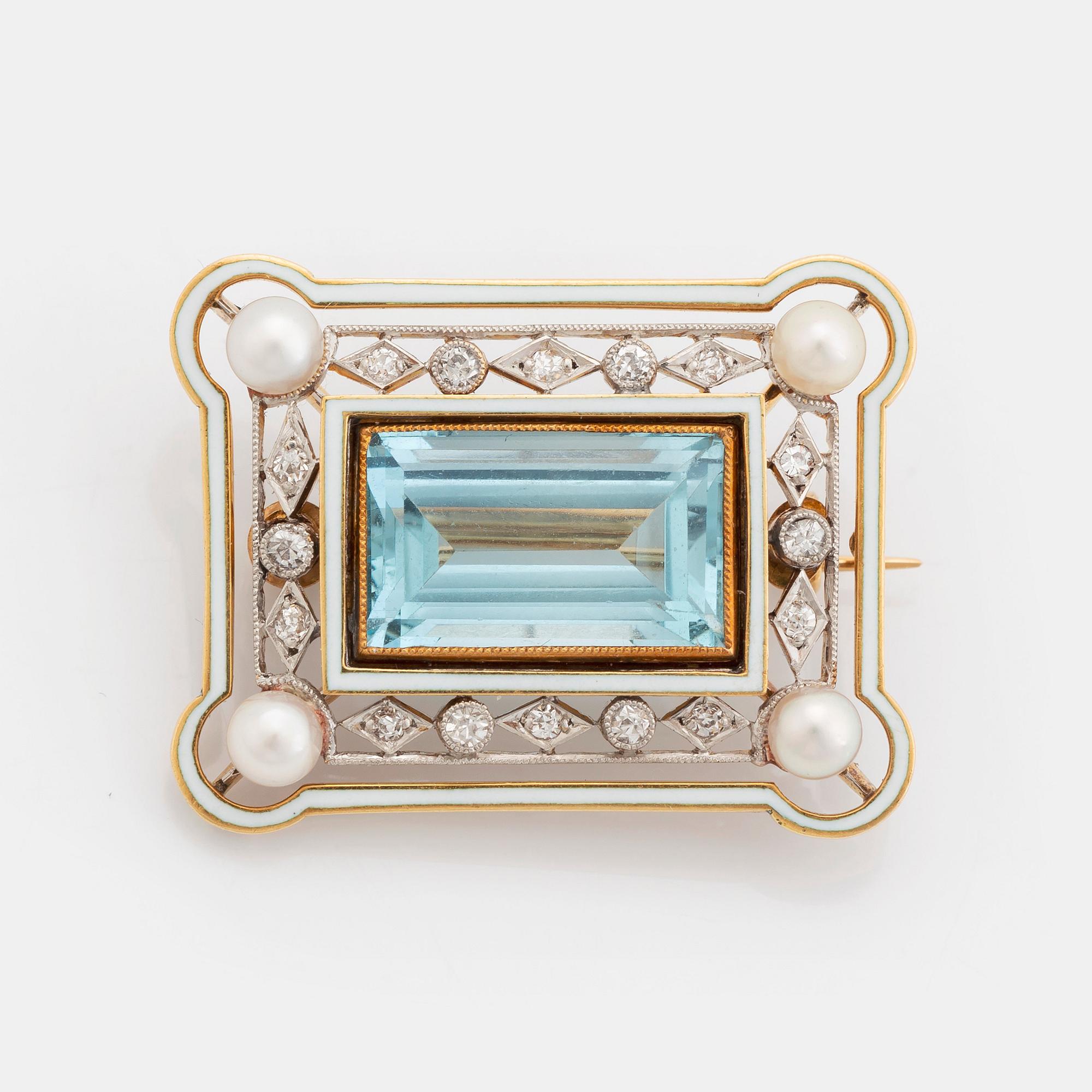 An 18K gold and enamel brooch set with a faceted aquamarine, pearls and old-cut diamonds.
