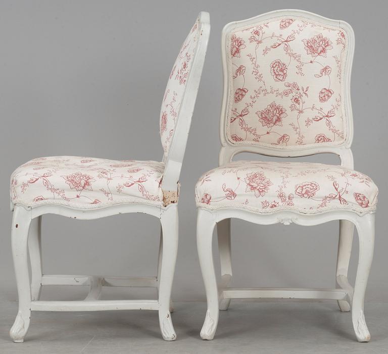 A pair of Louis XV 18th century chairs by F Reuze, master in Paris 1743.