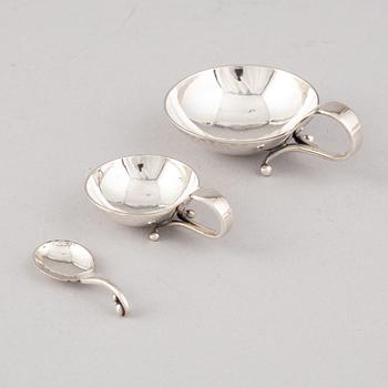 Georg Jensen, saltkar och småskedar, 6 st, sterling silver, Köpenhamn, 1900-talets mitt.