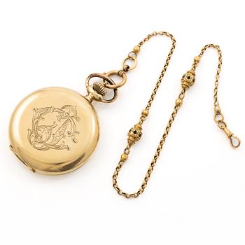 Pocket watch, Alpina, 14K gold, hunter, chain in 18K gold.