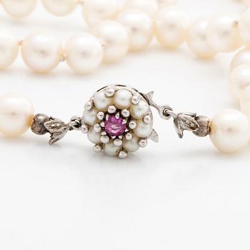 PEARL NECKLACE, cultured pearls approx 7 mm, clasp 18k whitegold cultured pearls and 1 ruby, approx length 93 cm.