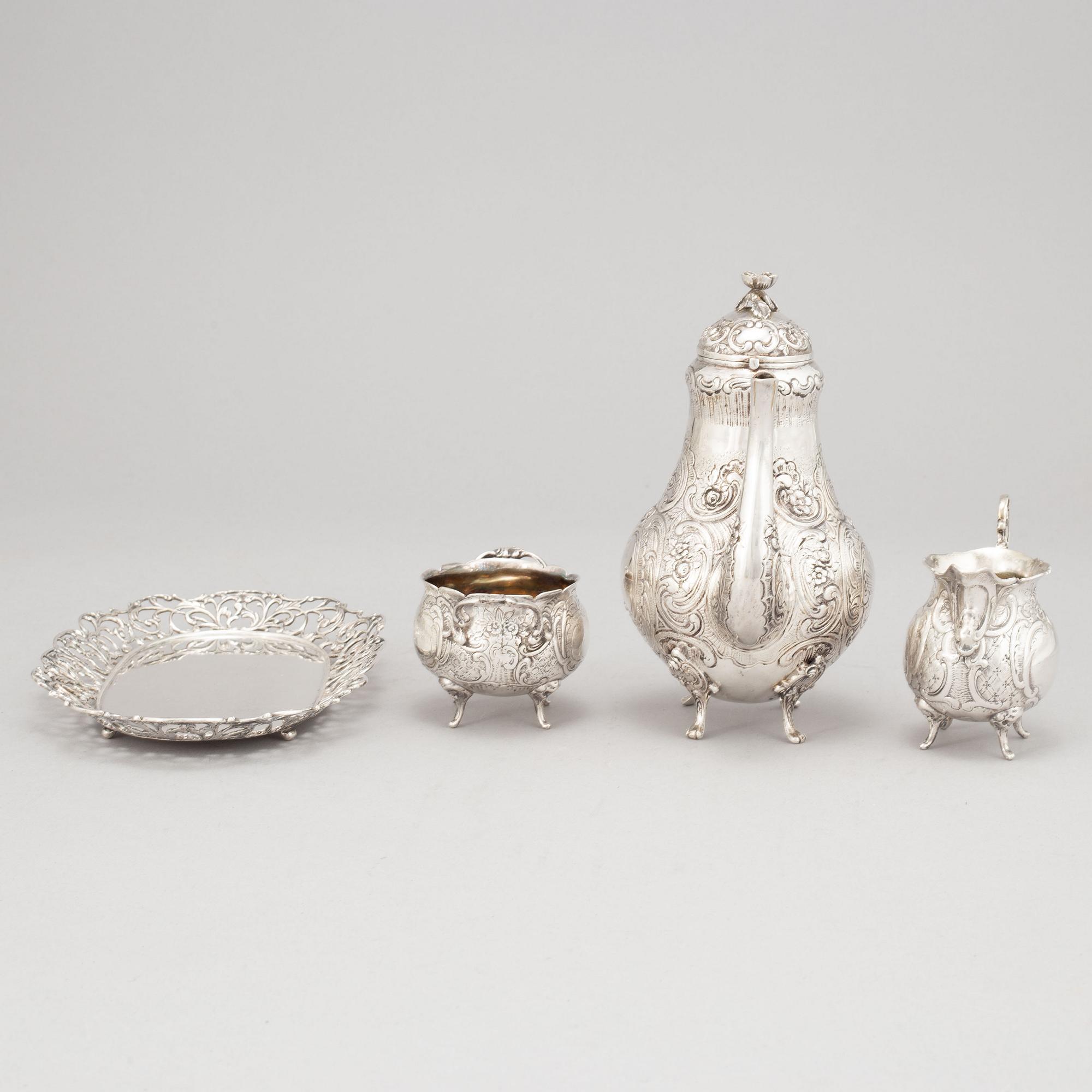 A silver mocha pot, creamer, sugar bowl and tray, some with mark of Gewe, Malmö 1950-51.