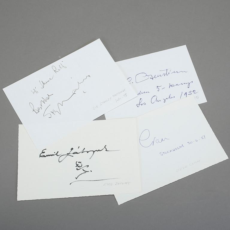 IDROTTSAUTOGRAFER, 4 st, Emil Zatopek, Steve Cram, Stanley Matthews, Johan Gabriel Oxenstierna.