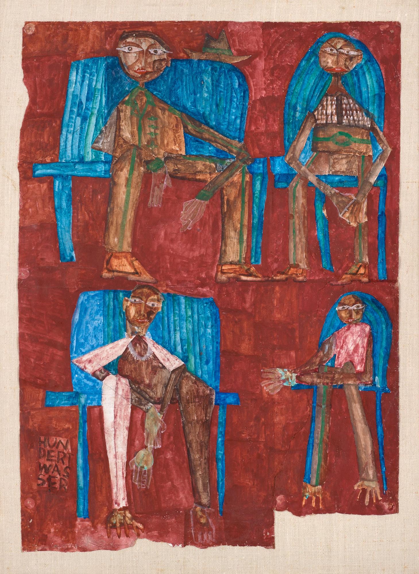 Friedensreich Hundertwasser, "Four men in chairs - brown background".