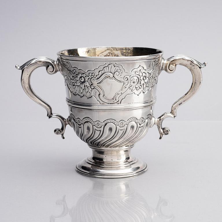 A Brittish 18th century two-handled silver cup, mark of John Eckford II, London 1744.