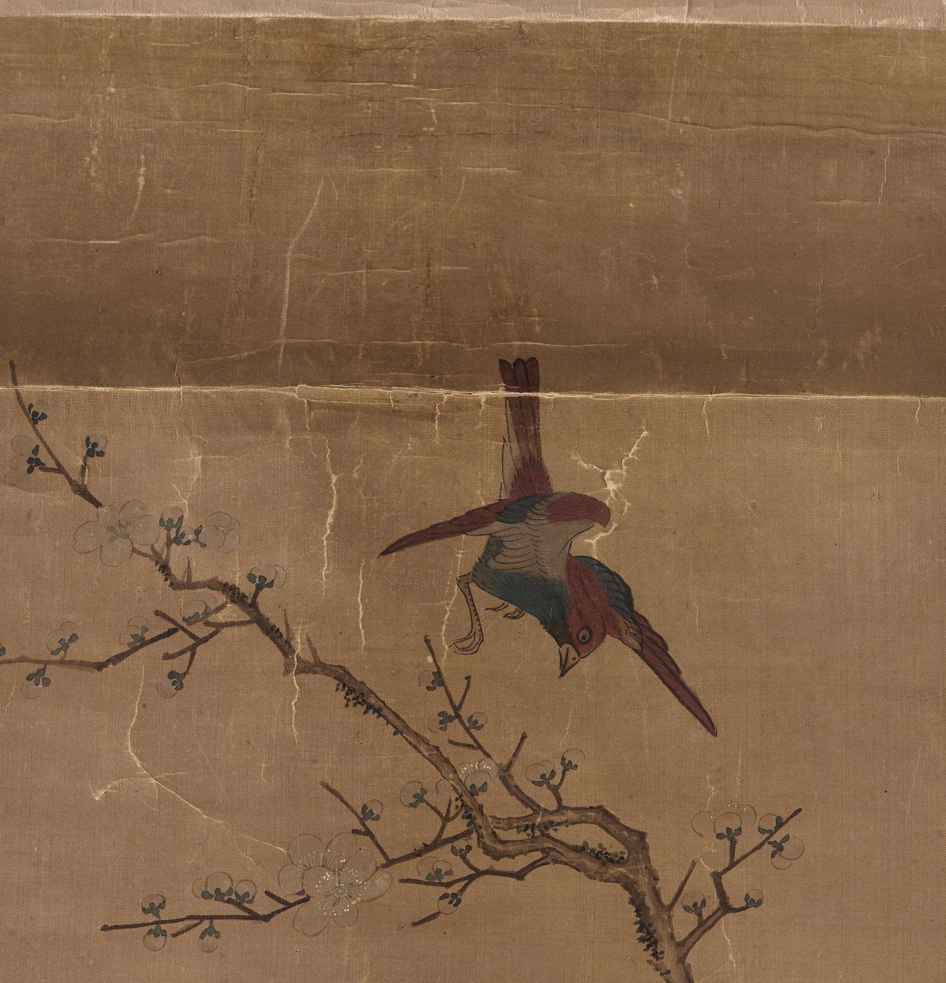 RULLMÅLNING, fåglar och blommande kamelia och prunus, sen Qingdynastin (1644-1912).