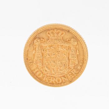 Gold coin 10kr Christian X, Denmark 1913.