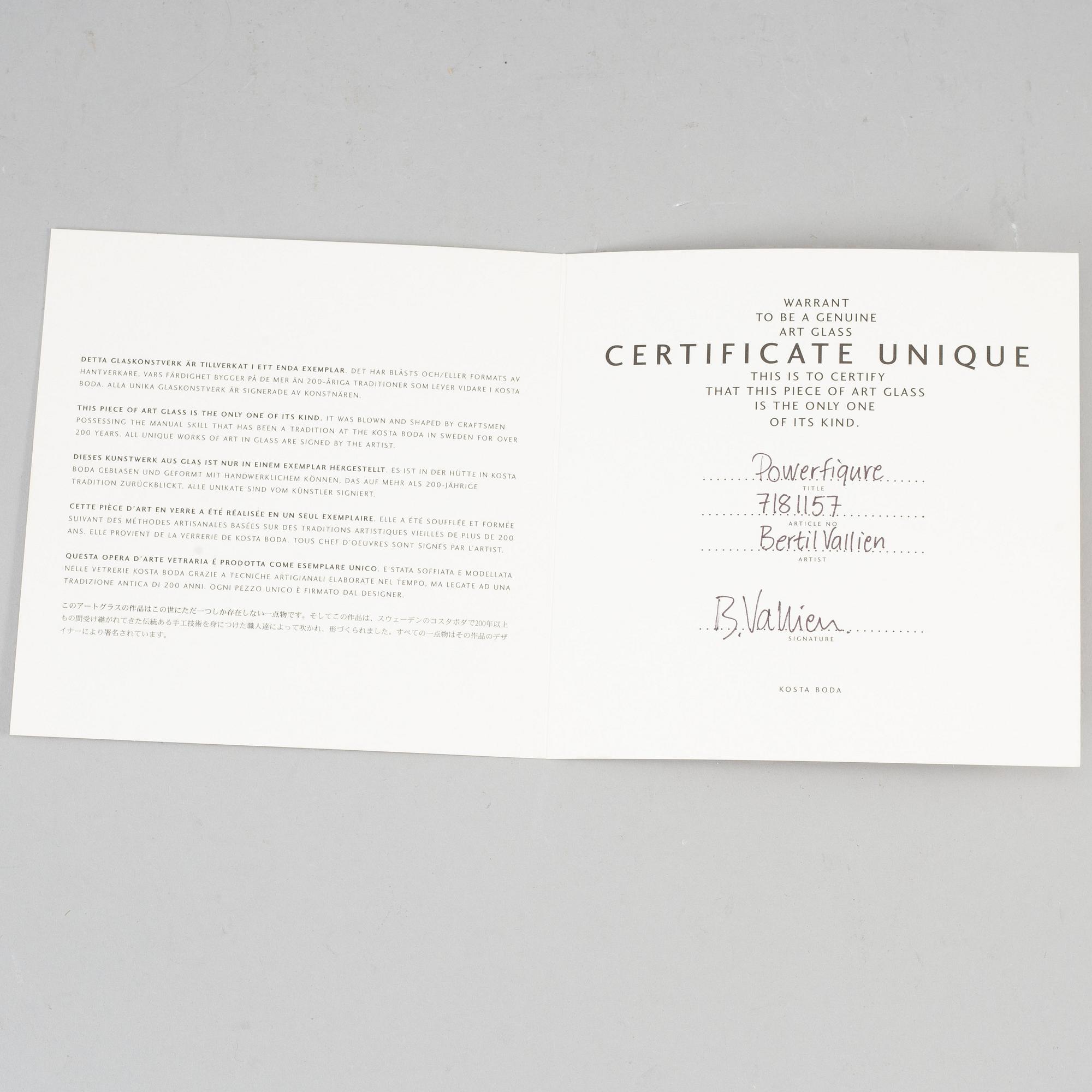 BERTIL VALLIEN, a unique Swedish artglass sculpture "Powerfigure", Kosta Boda,