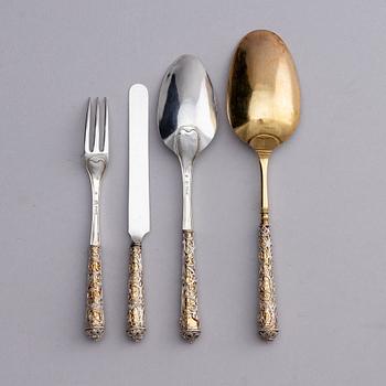 A Swedish parcel-gilt silver and filigree four-piece travel cutlery set, marks of Gustaf Otto Sjöberg, Falun 1813.