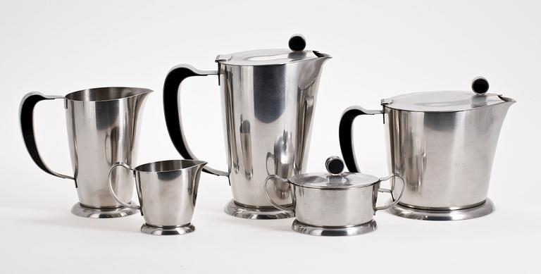 TE OCH KAFFESERVIS, 6 delar, rostfritt stål, art deco, Gense.