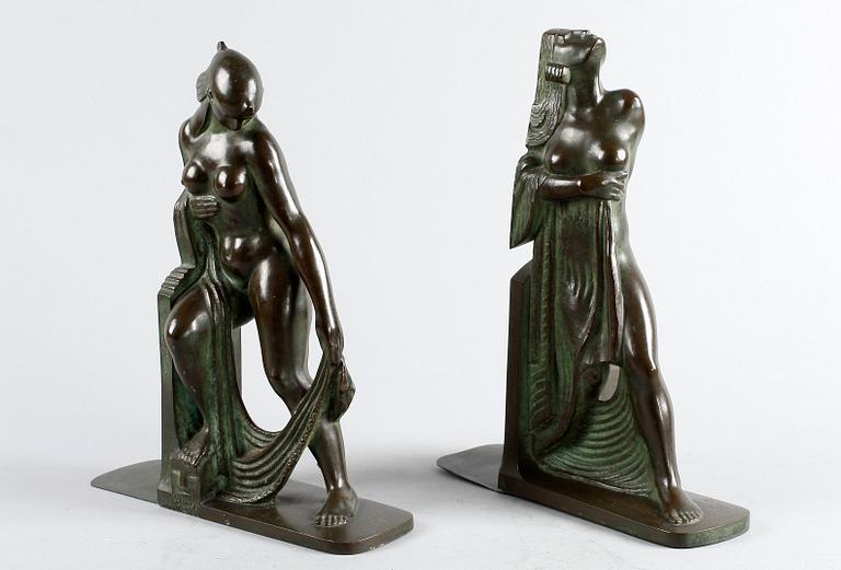 A pair of Axel Gute patinated bronze bookends, Herman Bergman, Sweden 1920's.