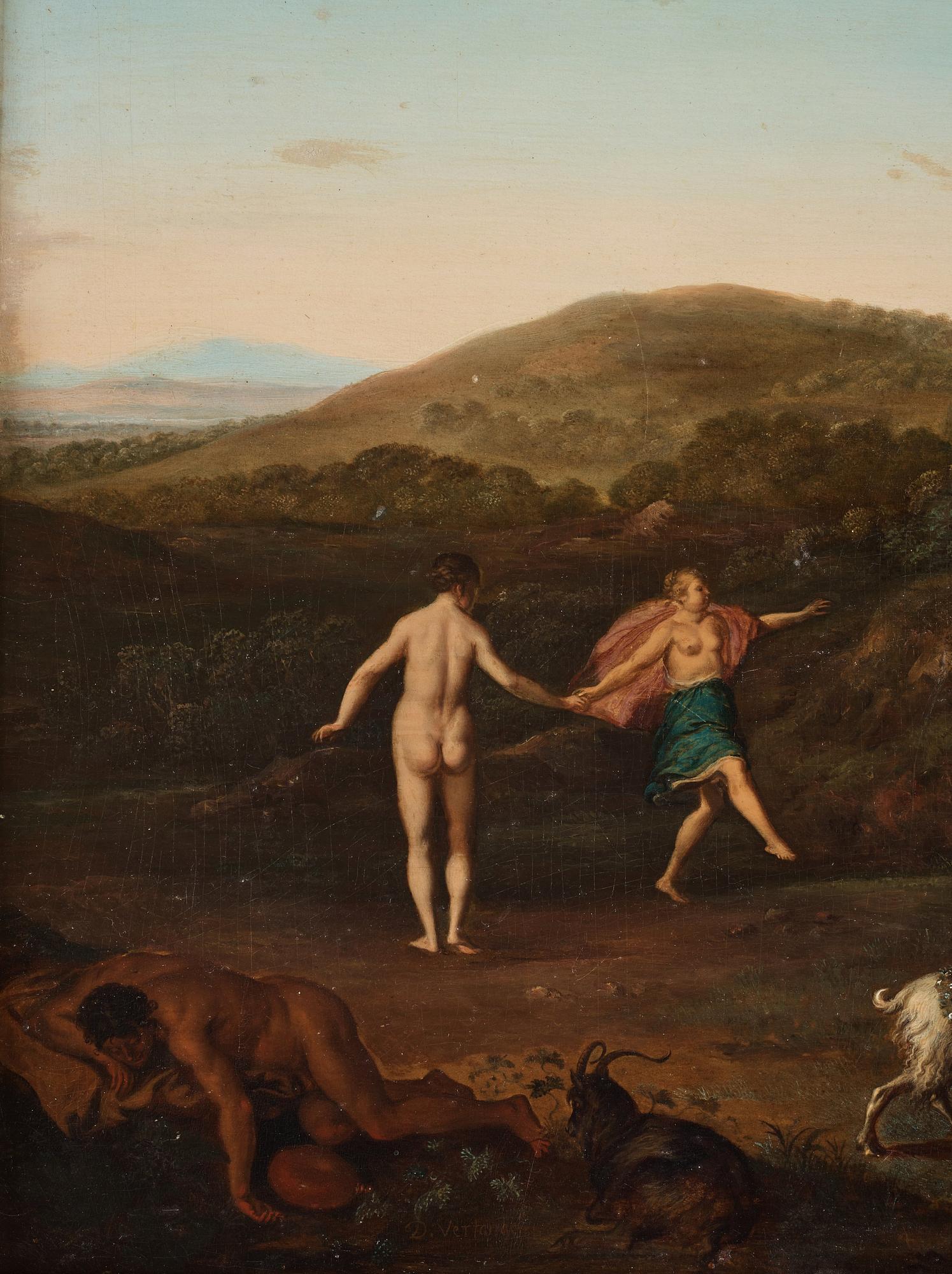 Daniel Vertangen Attributed to, Fauns, Bacchants and Silenus in a landscape.