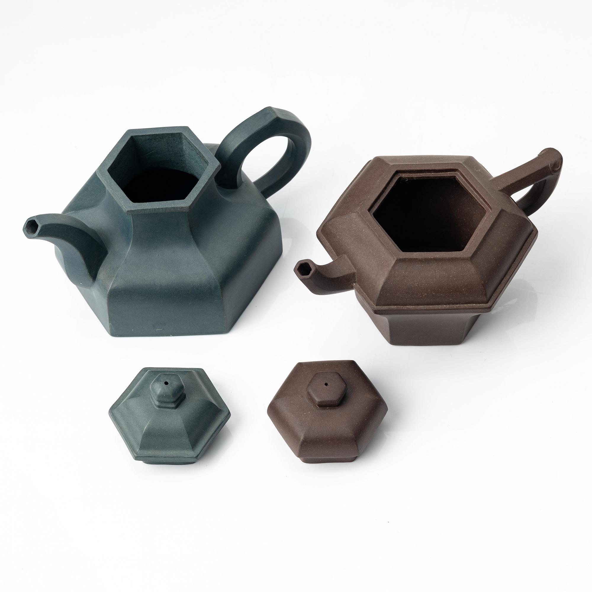 Two hexagonal 'gongfu' teapots, yixing, China, 1980s.