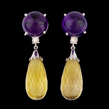 1372. A pair of lime quarts, amethyst and brilliant cut diamond earrings, tot. 0.37 cts.