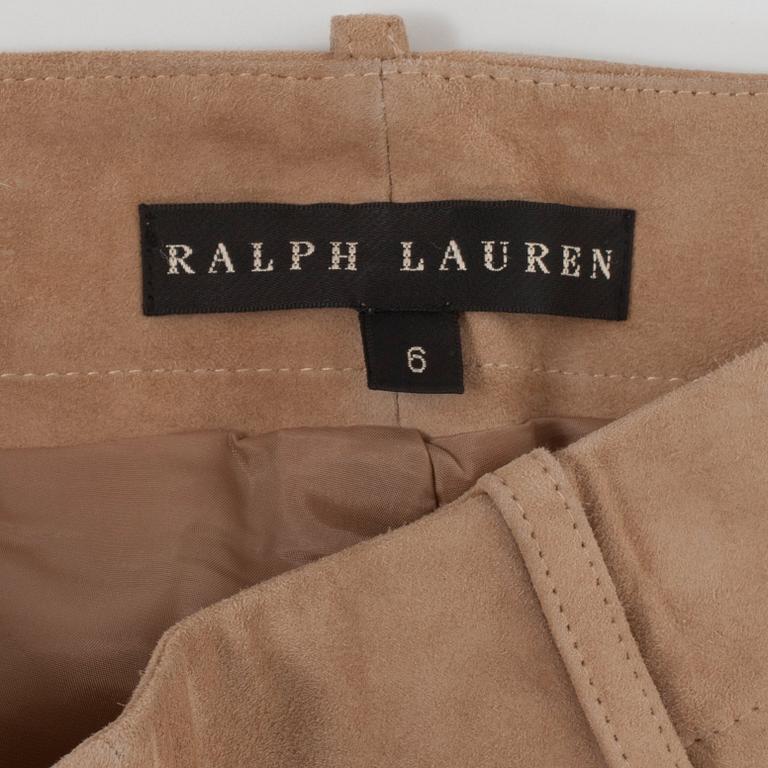 RALPH LAUREN, a pair of beige suede trousers, size 6.