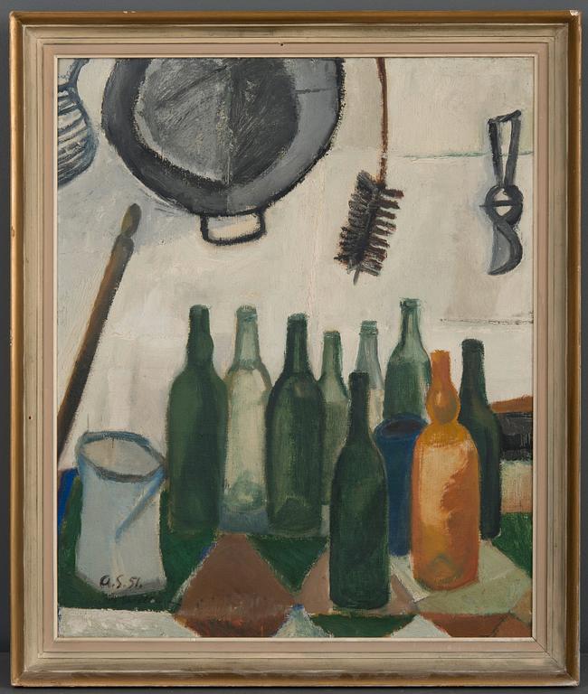 Anita Snellman, STILL LIFE WITH BOTTLES.