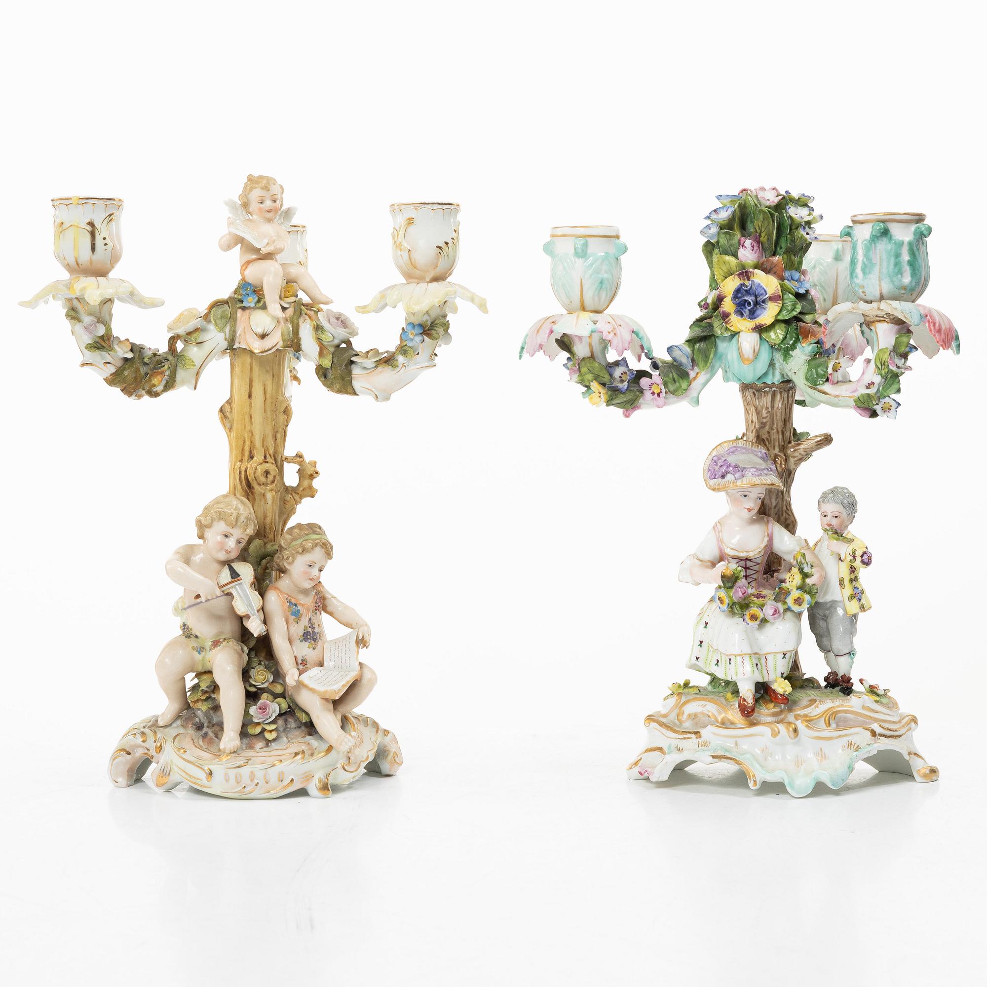A pair of candelabra,  Meissen and Volkstedt, 19th–20th century.