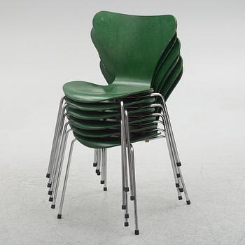 Arne Jacobsen, a set of six model 'Seven' chairs, Fritz Hansen, Denmark 1980.