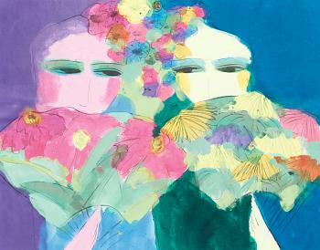 356. Walasse Ting, Kvinnor med blomsterbuketter.