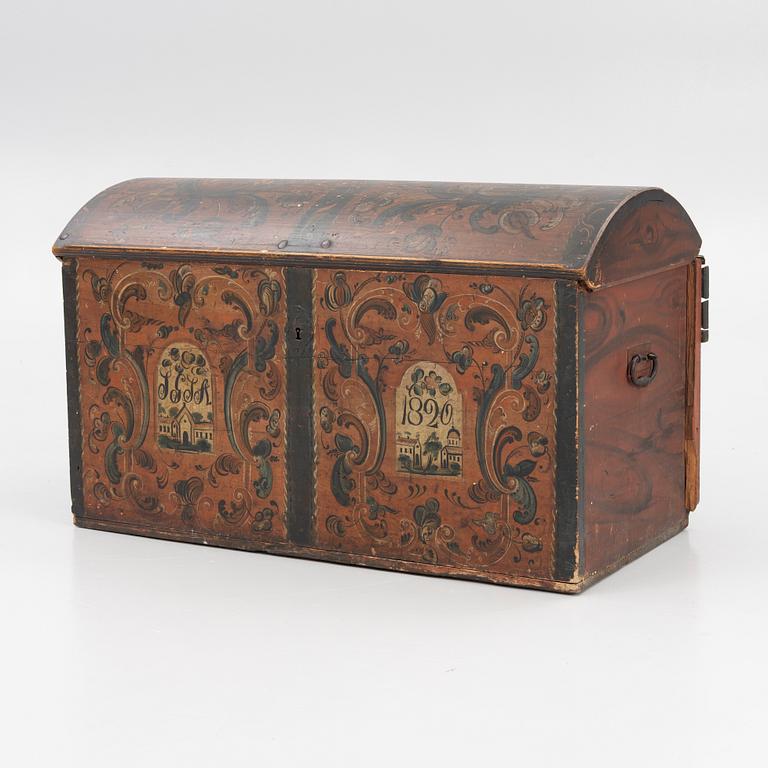 A wooden Dalecarlian chest, Sweden, dated 1820.