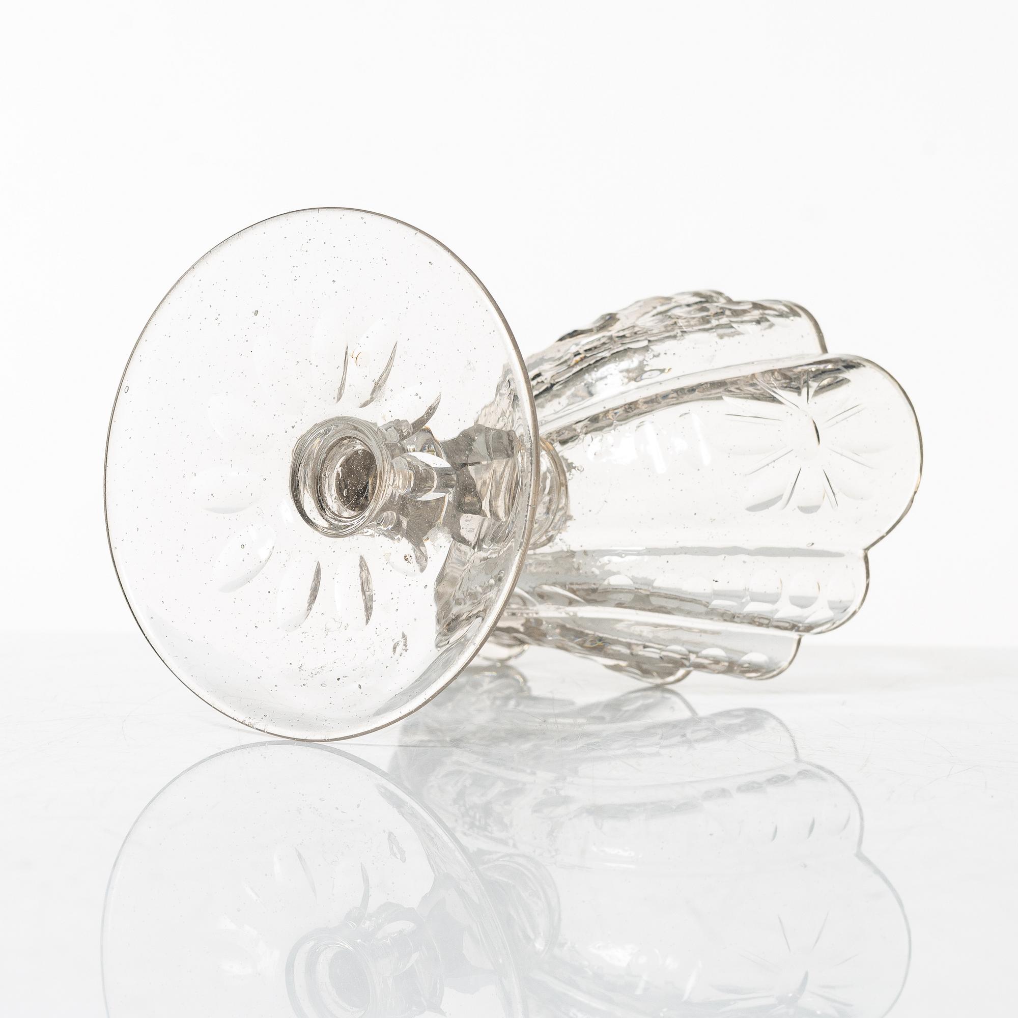 A cut glass, shell formed, bowl on facetted stem, Silesia, 18th Century.