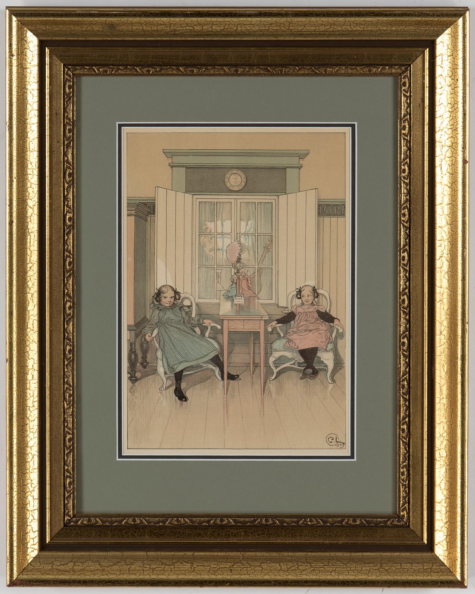 CARL LARSSON, "Kersti främmande", färglitografi, signerad i stenen. Utgiven av Föreningen för Grafisk Konst 1905.